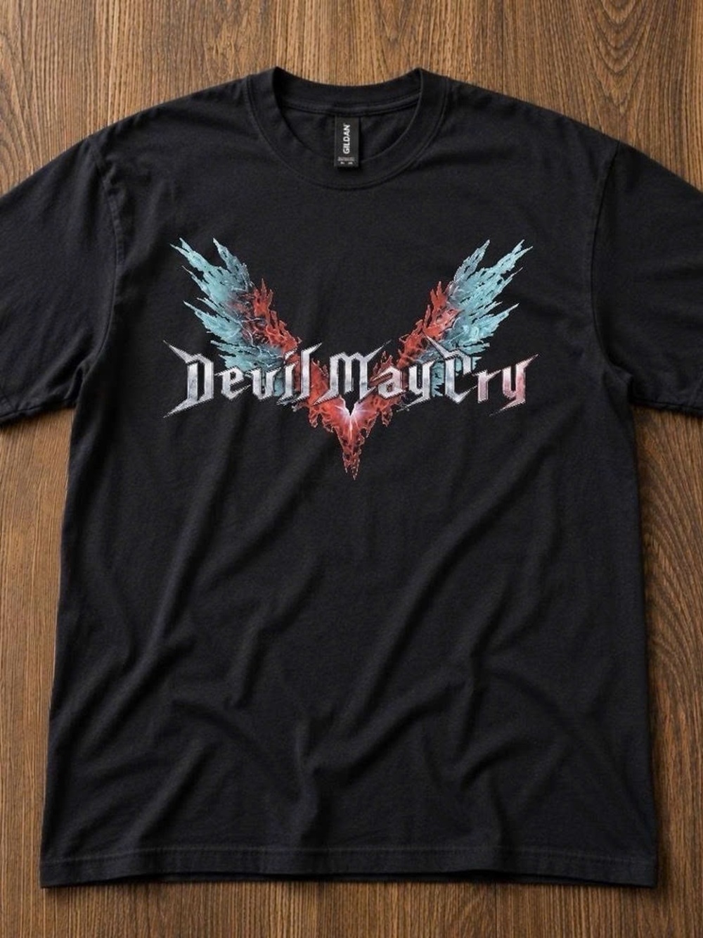 Gildan Black Devil May Cry Graphic Tee with Blue & Red Wing Design